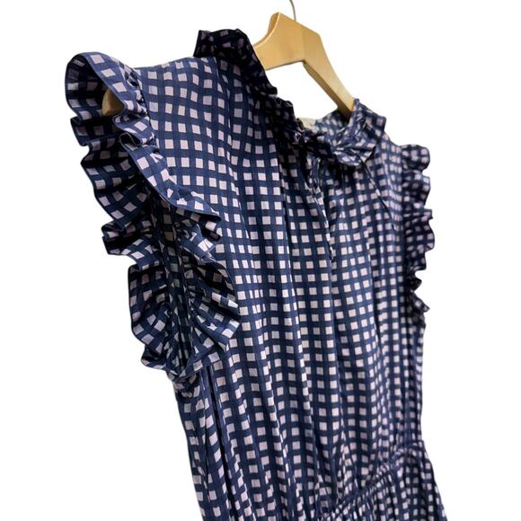 Tucker Navy Check Print Ruffle Midi Dress Silk Cotton Blend Sleeveless size M - Picture 5 of 7